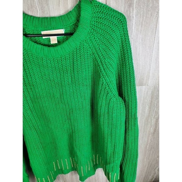 COPY - MICHAEL KORS Gold Stud Detail Dark Green Sweater Knit Top Size Large - Picture 8 of 11
